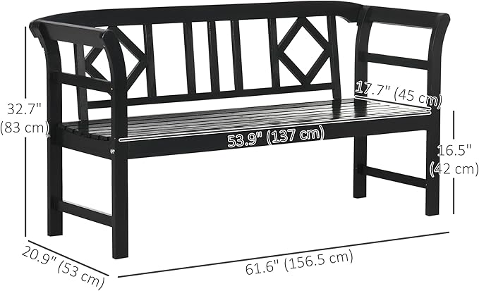 Outsunny Wooden Patio Bench, Outdoor Garden Bench with Backrest and Armrests, 3 Person Porch Bench with Rustic Country Diamond Pattern, Black