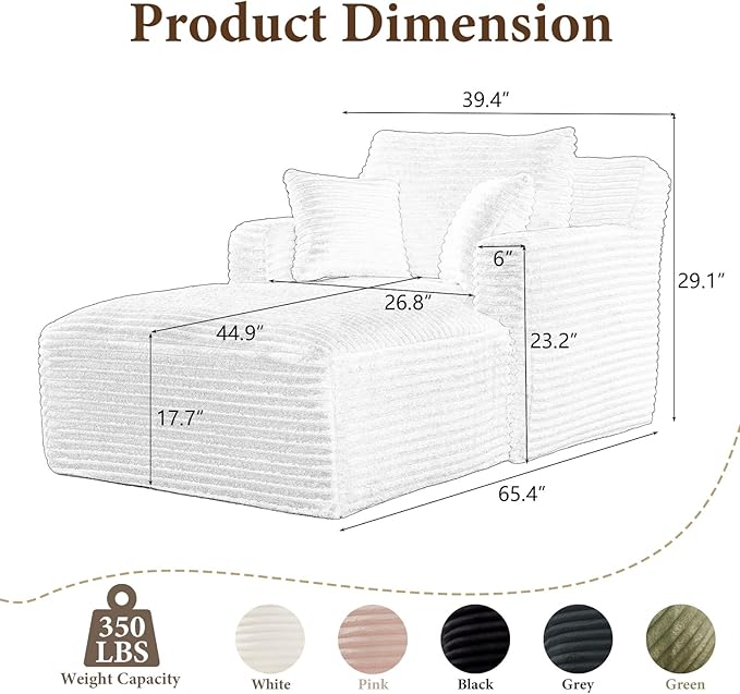 65.4" Chaise Lounge Chair Indoor, Oversized Boneless Couch Comfy Upholstered Sleeper Sofa Bed with 3 Pillows, Corduroy Cloud Reading Chair for Living Room No Assembly Required, White Beige