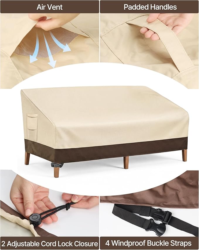 Vailge Heavy Duty Patio Sofa Cover, 100% Waterproof 3-Seater Outdoor Sofa Cover,Lawn Patio Furniture Covers with Air Vent and Handle,60"W x 35"D x 35" H,Beige&Brown