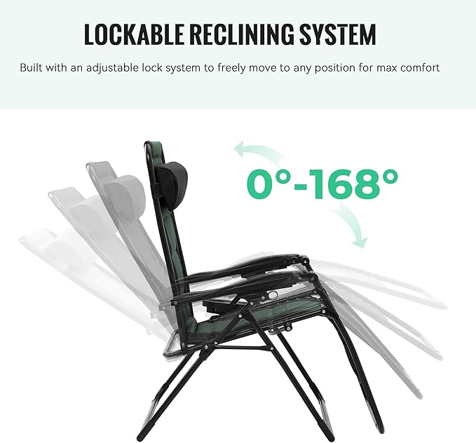 JEAREY Oversized Padded Zero Gravity Chairs, Folding Lounge Chair Outdoor Patio Recliner, Anti Gravity Chair for Backyard with Headrest, Cup Holder, Side Tray, Polyester Mesh - Black/Dark Green