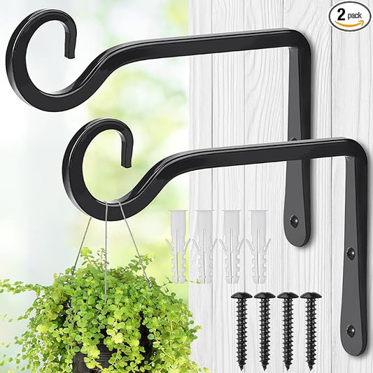 Plant Hangers Outdoor, 2 Pack 6 Inch Hanging Plant Bracket, Metal Hanging Plant Hooks, Wall Hooks for Hanging Plants, Bird Feeder, Flower Basket, Wind Chimes, Indoor Outdoor (Black)