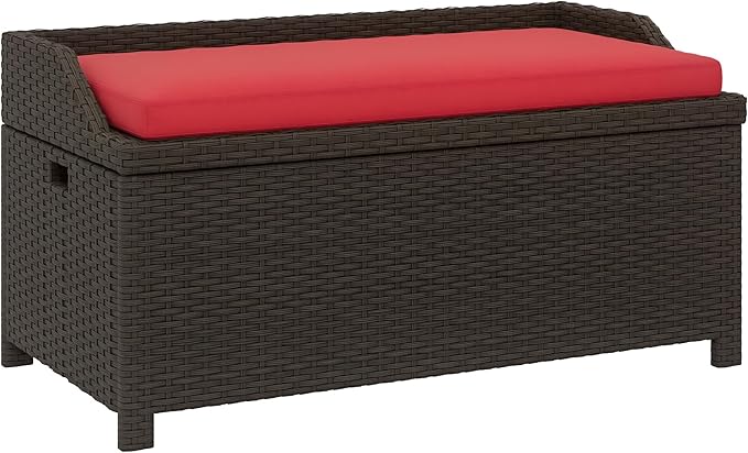 Outsunny 34 Gallon Outdoor Wicker Storage Bench Deck Box, PE Rattan Patio Furniture Pool Storage Bin Container with Interior Waterproof Cloth Bag and Comfortable Cushion, Red
