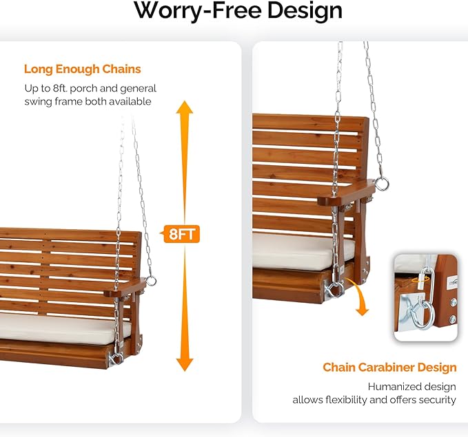 VINGLI Wooden Porch Swing, Heavy Duty 880 LBS Hanging Patio Bench with Extra Cushion for Lawn| Garden| Courtyard (Brown, 5 feet)