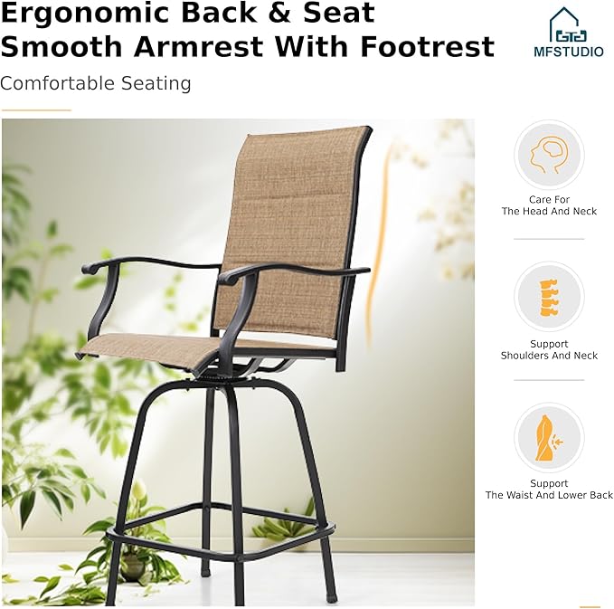 MFSTUDIO Outdoor Bar Stools Set of 2, Swivel Bar Height Patio Chairs Outdoor Barstools High Top Patio Swivel Bar Chairs, Padded Textilene Stools for Outside
