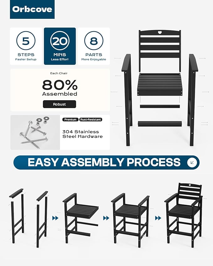 Patio Bar Table,Adirondack Chairs and Table 4 Pieces Set, Bar Height Chairs Set of 4, Outdoor Bar Stools Set,Weather-Resistant Outdoor Furniture for Deck, Balcony, Poolside Easy Assembly