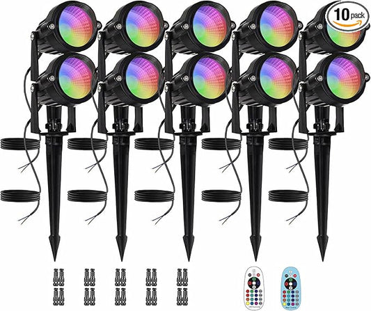 Low Voltage RGBW LED Landscape Lights Spot Lights Outdoor for Yard Garden Decor Spotlight, 12V-24V Low Voltage Landscape Lighting with 16 Color Changing and Remote IP68 Waterproof (10 Pack)