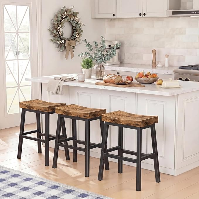 Rustic Bar Stools, 24 Inch Barstools Set of 2, Counter Height Stool with Footrest, Wooden Stools for Kitchen Island, Heavy Duty Backless Chair for Dining Table Farmhouse Outdoor