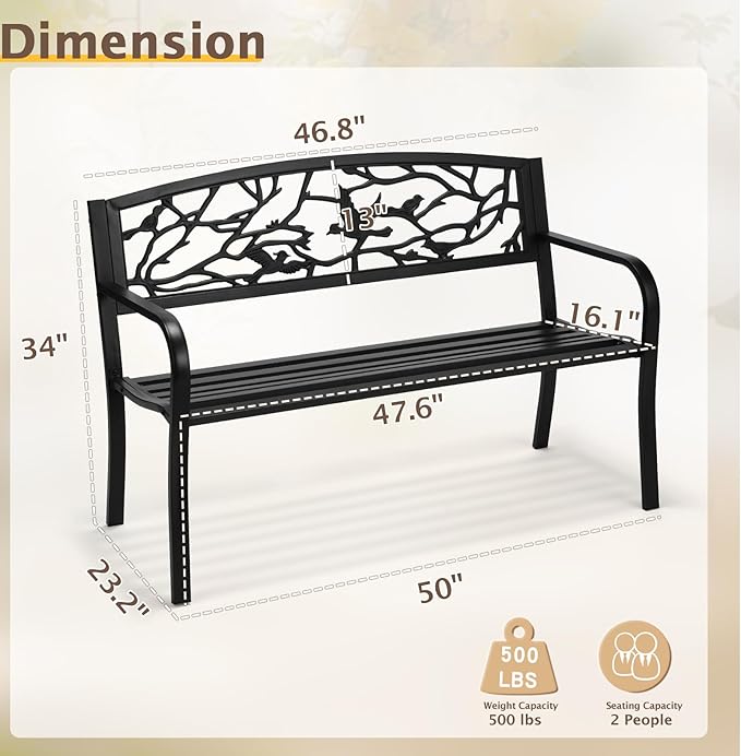 VINGLI Outdoor Bench for Patio Metal Garden Bench w/PVC Back Pattern, Black Park Benches Front Porch Benches for Yard Lawn Decor Deck Entryway (Black-Bird)