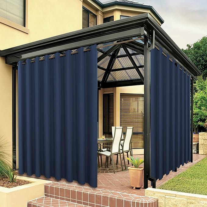 BONZER Outdoor Waterproof Curtains for Patio Extra Wide Grommet Light Filtering Outside Curtains for Gazebo, Porch, Pergola, Pavilion, 1 Panel, 150W x 108L inch, Navy