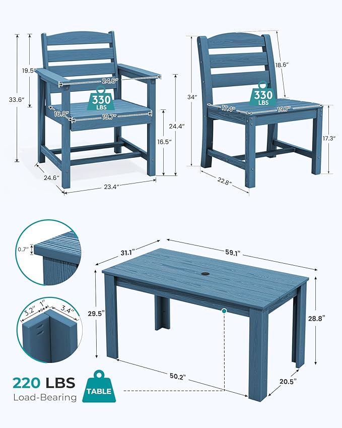 SERWALL Outdoor Dining Sets for 6, HDPE Dining Sets with 1 Umbrella Hole Cut-Out Rectangular Table and 4 Armless Chairs and 2 Armchairs, Patio Dining Sets, Blue