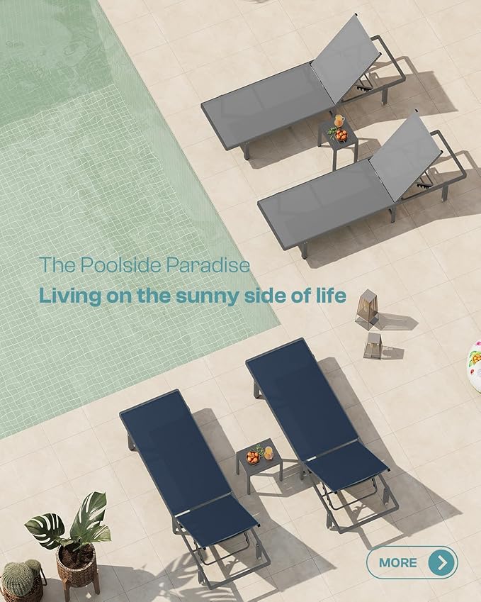 Aluminum Outdoor Lounge Chairs Set of 2, Pool Lounge Chairs with Wheels and 5-Position Recliner -Easy to Move- Patio Chaise Lounge Outdoor for Poolside, Deck, Beach (NavyBlue)