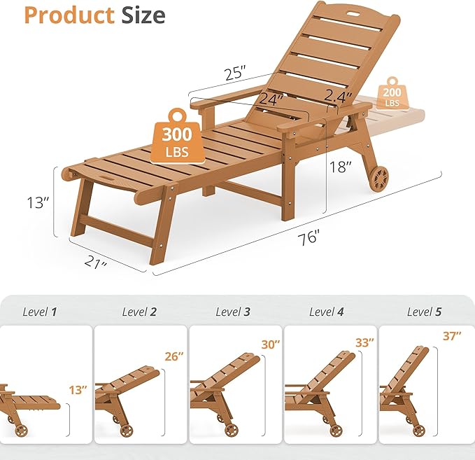LUE BONA Outdoor Chaise Lounge, HDPS Chaise Lounger, 5 Positions Adjustable Lounge Chairs, Pool Lounge Chair with Wheels for Poolside, Backyard, Teak Color
