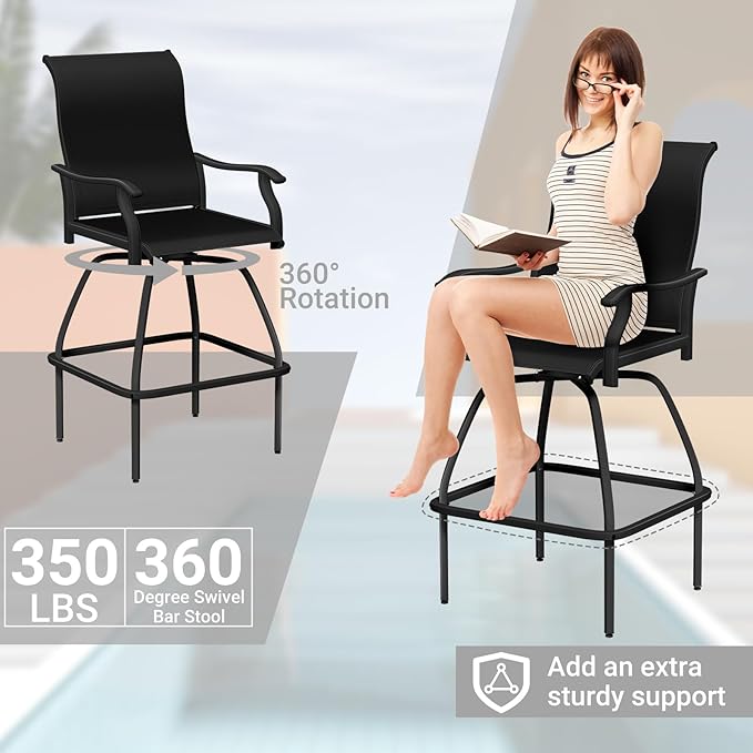 LEVELEVE Patio Bar Set 4pcs Swivel Bar Stools Outdoor Bistro Textilene Furniture Stability All-Weather Set (Black Fabric)