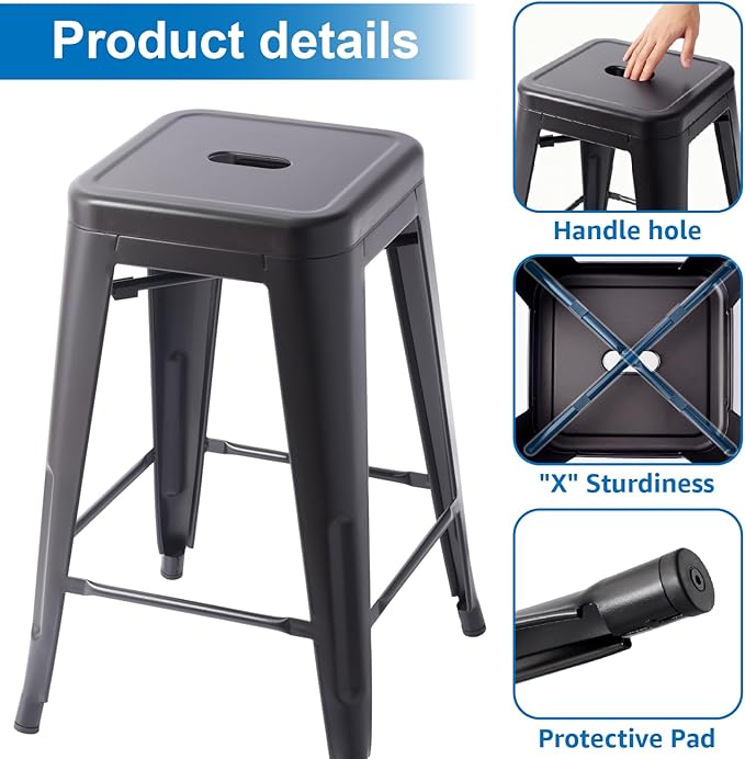 Stackable Metal Bar Stool Backless Indoor-Outdoor Counter Stools Fullmetal Dinning Chairs Set of 4 (Black, 24 Inch)