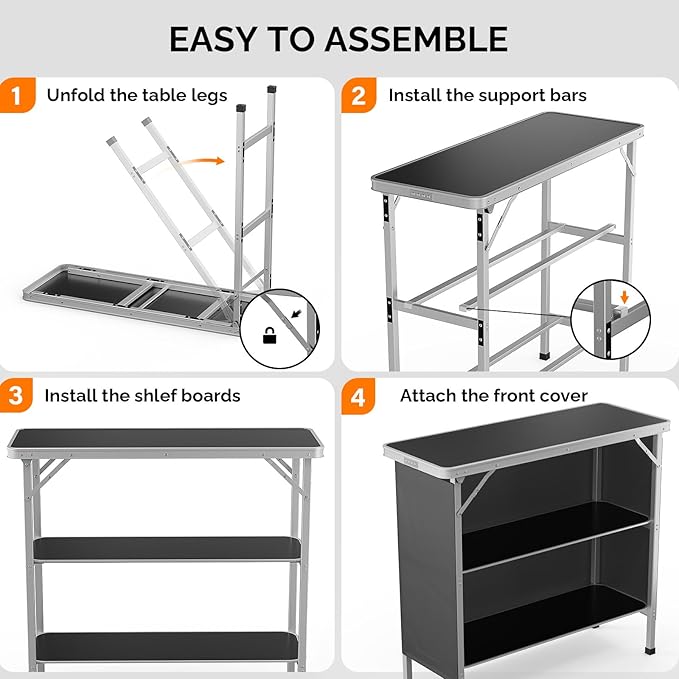 VINGLI 39" Portable Bar Table, 3-Tier Shelves, Mobile Bar Table for Events, Party, Camping, Picnic, Tradeshow, Indoor with Black Skirt(1 Pack) (2, 39")