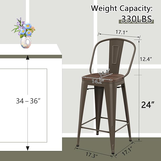 Yongqiang 24 inch Bar Stools Set of 4 Kitchen Counter Height Bar Chairs Modern Farmhouse High Back Metal Barstools with Large Wooden Seat Rusty