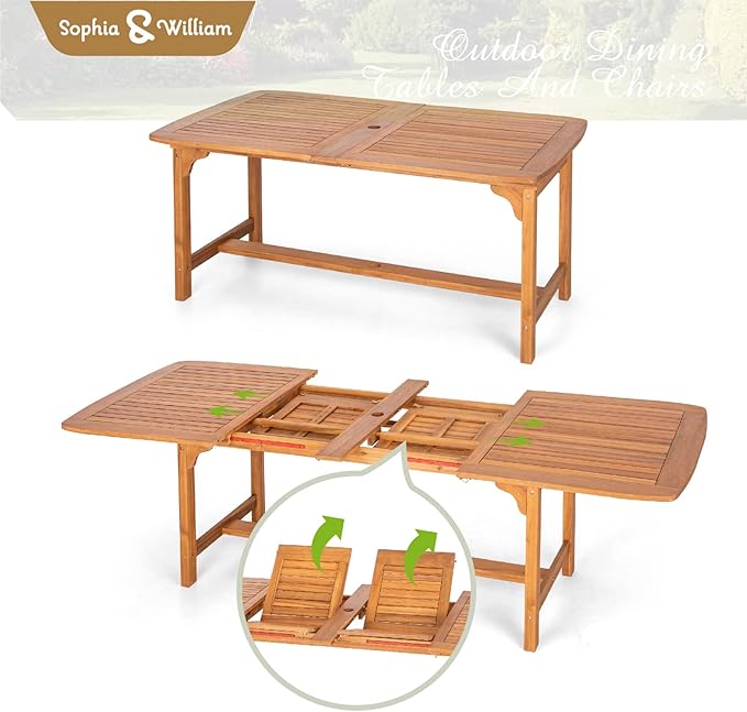 Sophia & William Patio Outdoor Table and Chairs Set, Patio Dining Sets for 6-8, 7 Pieces Patio Table Set for Backyard Deck Porch Outside, Acacia Wood Table Expandable with 1.97" Hole