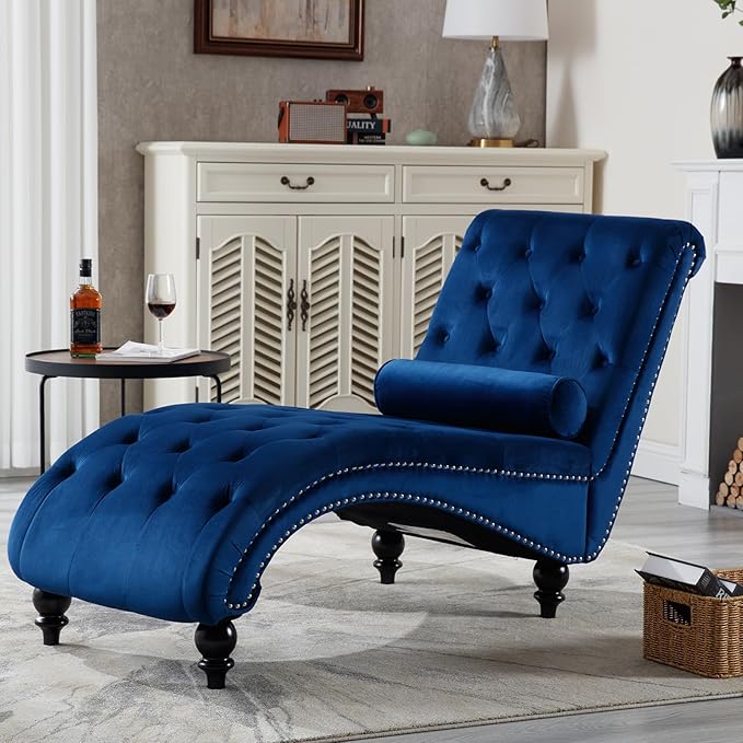 Chaise Lounge Indoor,Velvet Upholstered Lounge Chair Button-Tufted Armless Chair with Pillow, for Bedroom Living Room Office Modern Backrest Leisure Recliner Sleep Sofa,Blue