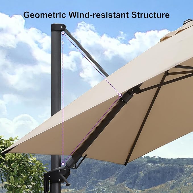 PURPLE LEAF 6.5' X 10' Left-right Tilt Patio Umbrella with Base Outdoor Cantilever Swivel Rectangle Umbrella Aluminum Offset Umbrella with 360-degree Rotation for Garden Deck Pool Patio Beige