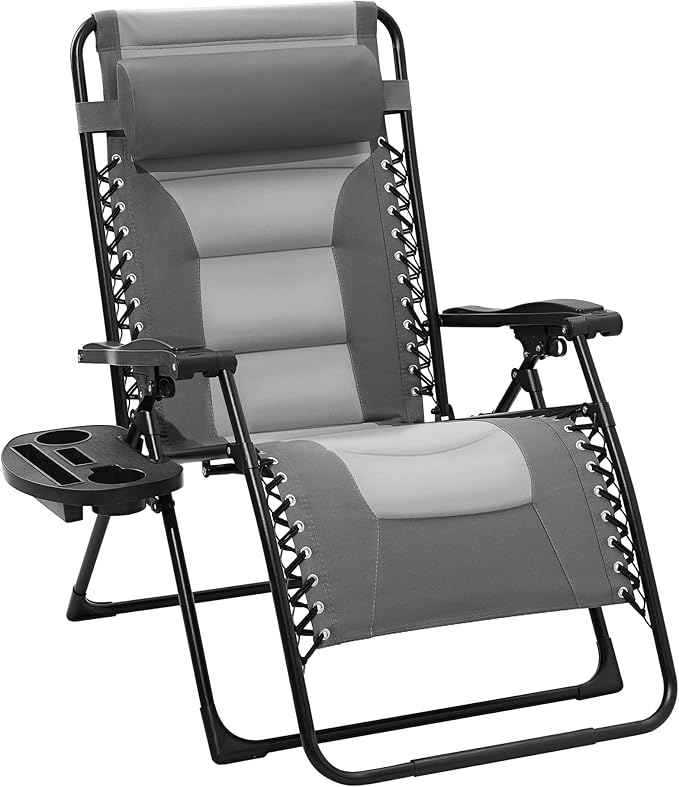 JEAREY Oversized Padded Zero Gravity Chairs, Folding Lounge Chair Outdoor Patio Recliner, Anti Gravity Chair for Backyard with Headrest, Cup Holder, Side Tray, Polyester Mesh - Gray/Light Gray