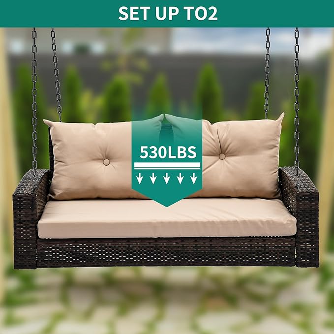 YITAHOME Wicker Hanging Porch Swing Chair Outdoor Brown Rattan Patio Swing Lounge w/ 2 Back Cushions Capacity 530lbs for Garden, Balcony, Living Room, Beige
