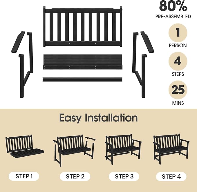 Ciokea 48" Outdoor Bench, HDPE Weatherproof Porch Bench, 2-Person Garden Benches with 550 Lbs, Waterproof Patio Benches for Outside Balcony Deck Backyard, Black