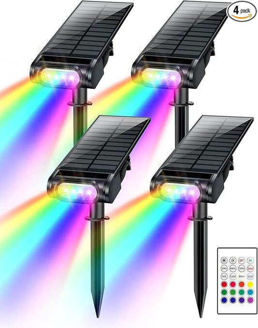 RGB Christmas Solar Spot Lights Outdoor, 12 RGB Color Modes Landscape Light Waterproof IP67 with Remote Control, 2-in-1 Color Changing RGB/Cool/Warm White for Yard Garden Christmas 4 Pack