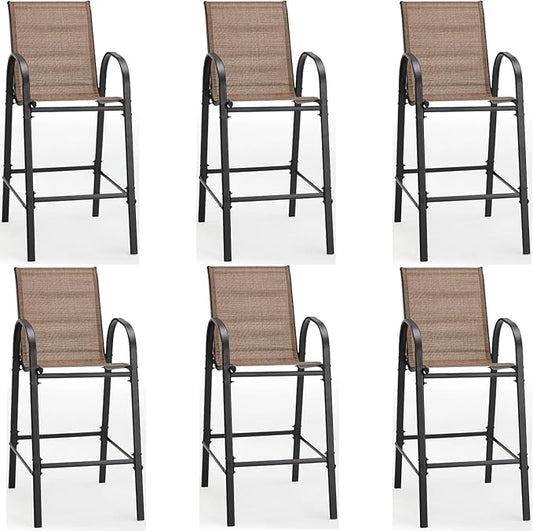 HOMREST Outdoor Bar Height Stools Set of 6,Stackable Patio Chairs with Armrests, High Back Textilene Chairs with Breathable Fabric & Metal Frame for All Weather,Brown