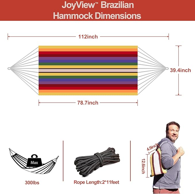 JoyView Brazilian Hammock for Single Person Portable Hammock with Hanging Ropes & Carry Bag Large 78.8x39.4” for Patio 300LBS Capacity Perfect for Outdoor/Indoor - Red Stripes