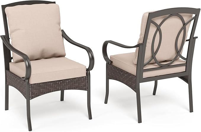 PHI VILLA Patio Chairs Set of 2, Heavy Duty Outdoor Metal Wicker Dining Chair with Thick Cushions, Large All Weather Wrought Iron Deck Chair for Outisde, Porch Backyard, Support 300lbs