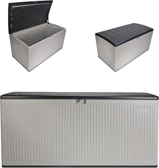 Suncast 160-Gal. Resin Extra-Large Outdoor Patio Deck Box with Pad-Lockable Lid, Modern Reeded Outdoor Patio Bench/Storage Box for Cushions, Garden Tools, and More, Iron Ore/French Gray