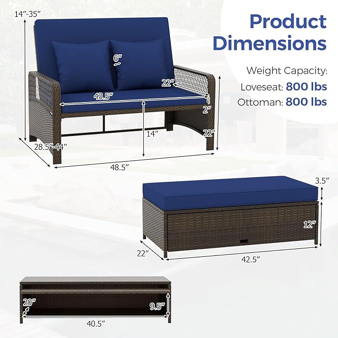 RELAX4LIFE Wicker Patio Outdoor Daybed - Rattan Sunbed Loveseat Sofa Set w/4-Level Adjustable Back, Cushions & Pillows, Storage Ottoman, 2-Person Bed Lounger for Backyard Porch, Patio Daybed (Navy)