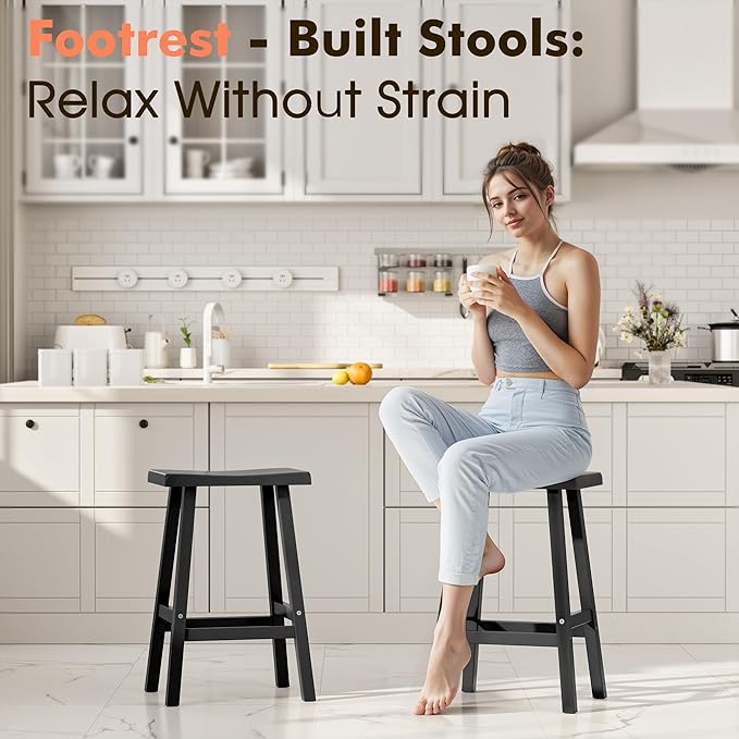 NUNU LAB Waterproof Barstools Set of 2-24 Inch HDPE Dining Height Indoor/Outdoor Stools with Curved Backrest, UV Resistant Kitchen Breakfast Nook Chairs for Dining Room,Patio,Small Space (24")