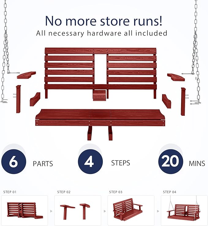 KINGYES Outdoor Hanging Porch Swing Set of 4, 2 Seat Patio Chair With Cup Holders, Waterproof Bench for Courtyard & Garden, 660LBS Weight Capacity, Red