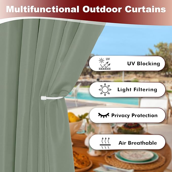 HolidayIdeas Grommet Outdoor Curtains for Patio Waterproof 8 Pcs All Weather Balcony Outside Curtains for Apartments, Gazebo, Pergolas, Porch, 54x108 Inch, Sage Green