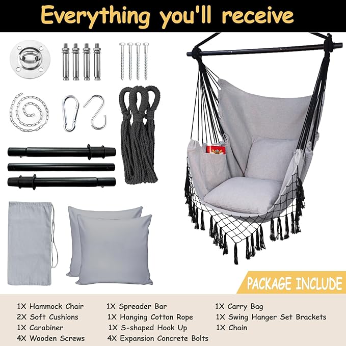 Hammock Chair Hanging Rope Swing Chair,Max 450 Lbs, Large Hanging Chair with Pocket, 2 Cushions, Removable Steel Bar, Hardware Kit Included, Superior Comfort for Indoor Outdoor (Light Grey)
