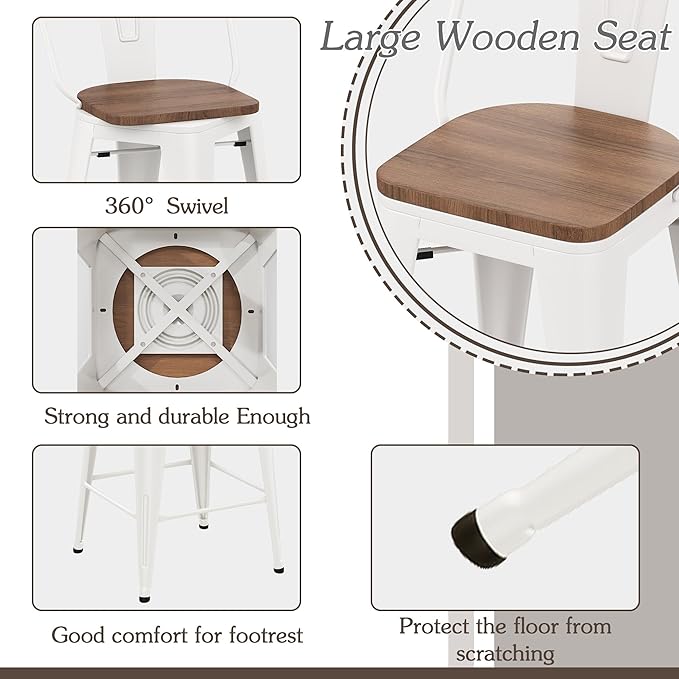 Alunaune 30" Swivel Metal Bar Stools Set of 4 High Back Counter Height Barstools Industrial Dining Bar Chairs with Large Wooden Seat-White