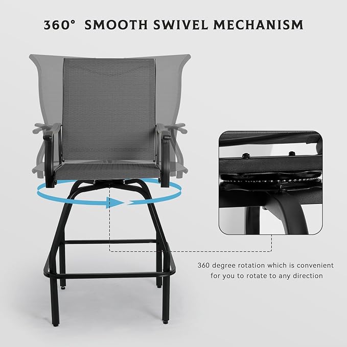LEVELEVE Patio Bar Set 4pcs Swivel Bar Stools Outdoor Bistro Textilene Furniture Stability All-Weather Set (Grey Fabric)