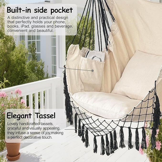 Hammock Chair Hanging Rope Swing Chair,Max 450 Lbs, Large Hanging Chair with Pocket, 2 Cushions, Removable Steel Bar, Hardware Kit Included, Sturdy and Comfortable for Indoor Outdoor (Beige)
