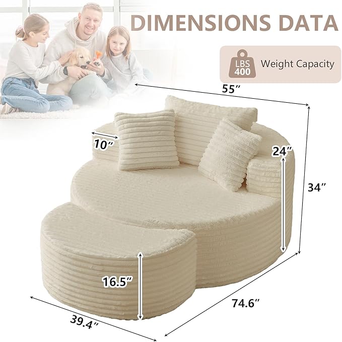 74.6" Oversized Round Chaise Lounge Chair with Ottoman Indoor, Fluffy Upholstered Corduroy Deep Seat Large Boneless Circle Couch Sofa Chairs for Living Room, Bedroom, No Assembly Required, White