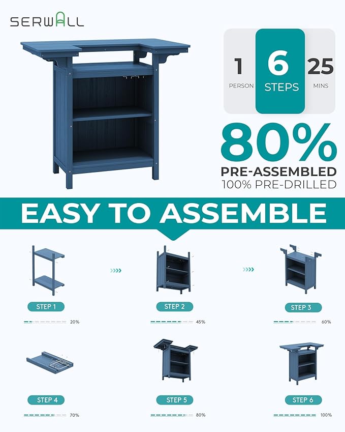 SERWALL Outdoor Bar Table,Patio Bar Cabinet with 4-Tier Storage and Spacious Tabletop for Outside,Poolside, Backyard,Made of HDPE,Blue