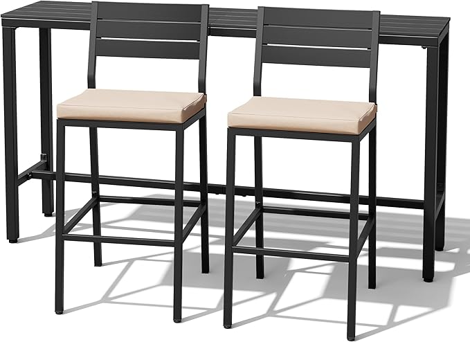 Crestlive Products Outdoor Bar Table and Chairs Set, 3 Piece Outside Patio Bar Set with 63" Long Bar Table and 2 Bar Stools for Balcony, Bistro, Garden, Backyard(Black Desktop and Beige Cushion)