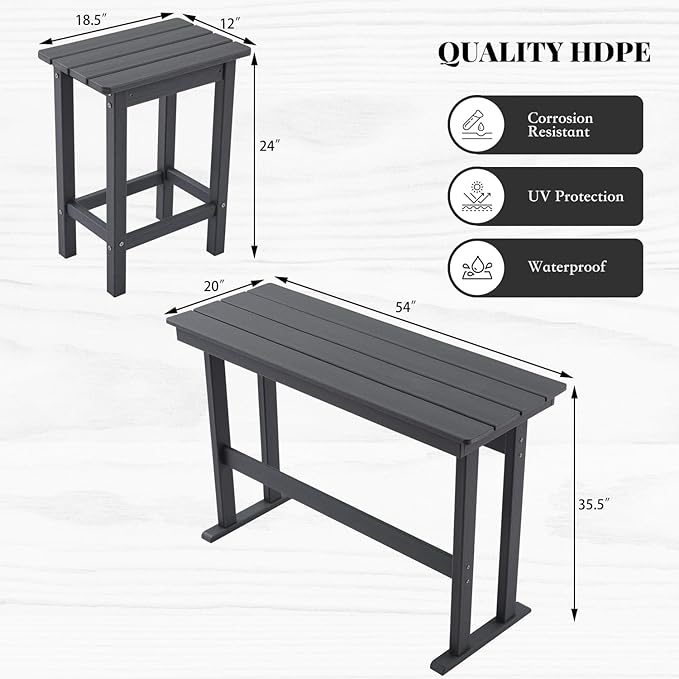 3 Pcs HDPE Outdoor Bar Set of 2 Includes Bar Height Table and Chairs, Patio Bar Stools Set for Bistro, Poolside, Backyard, Gray