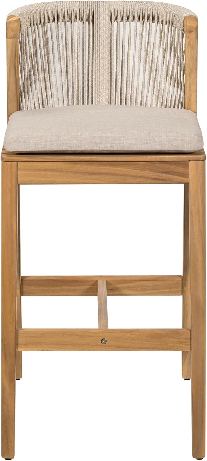 Christopher Knight Home Cuz Patio Barstool Set of 2, Outdoor Counter Height Stool with Sturdy Acacia Wood Frame and Rope Backrest, Bar Stool with Seat Cushion for Backyard Garden, Beige + Teak