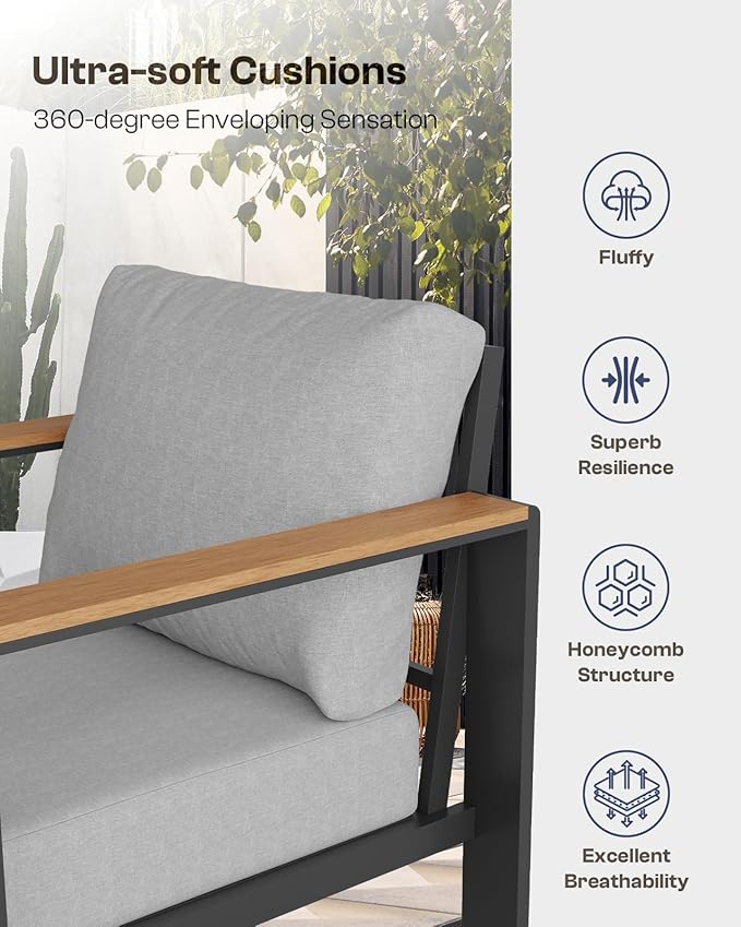 Aluminum Outdoor Patio Furniture Set with Coffee Table, 7 Piece Patio Conversation Sets with Thick Cushion, Ottomans, Patio Sectional Furniture Set for Porch, Balcony, Deck, Yard, Gray