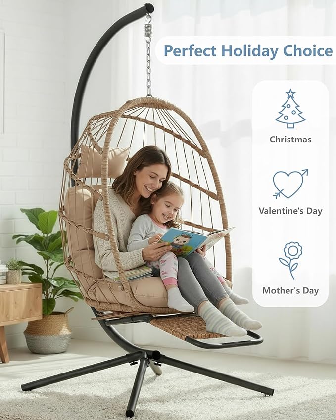 SWITTE Egg Chair Outdoor with Footrest & Stand, Indoor Wicker Hanging Egg Swing Chair with Cushion for Patio, Bedroom, Garden - Cream