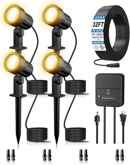 ZZXX All-in-One LED Landscape Lighting Kit, 4-Pack Low Voltage Landscape Lights with Transformer 32FT Wire and Connectors, 2700K Waterproof Outside Spotlights for Yard Garden Tree Pathway House
