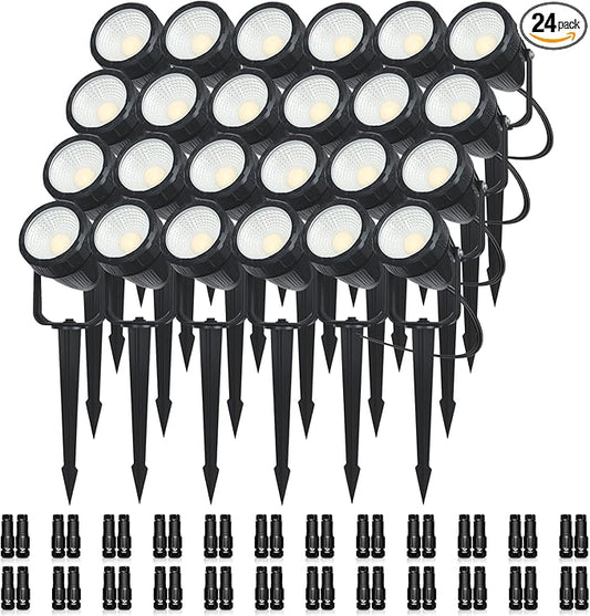 Low Voltage Safety Landscape Lights Outdoor: 7W 840LM LED Landscape Lighting with Connectors & Transformer for Tree Garden Yard Pathway | 24V Warm Yellow 3000K Spotlights | IP65 Waterproof | 24 Pack