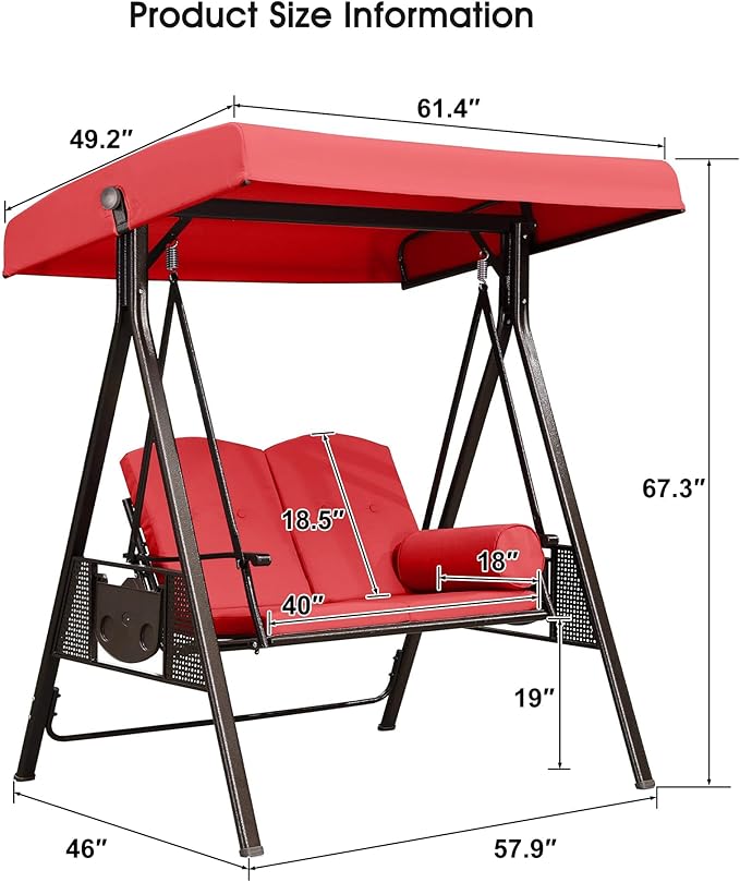 PURPLE LEAF 2-Seat Deluxe Outdoor Patio Porch Swing with Weather Resistant Steel Frame, Adjustable Tilt Canopy, Cushions and Pillow Included, Terra