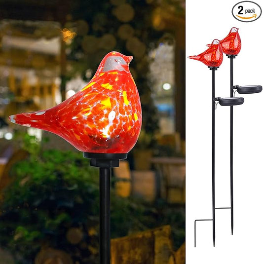 Bshine Solar Garden Decoration Outdoor Red Bird Lights, 2PCS Hand Blown Glass Waterproof Solar Light Stake Decorate Paths, Pathways, Lawns and Yards Art for Mom